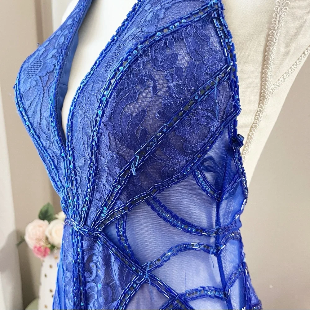 Blue Halter Prom Gown dress size 4 MISSING MANY GEMS - Picture 8 of 14